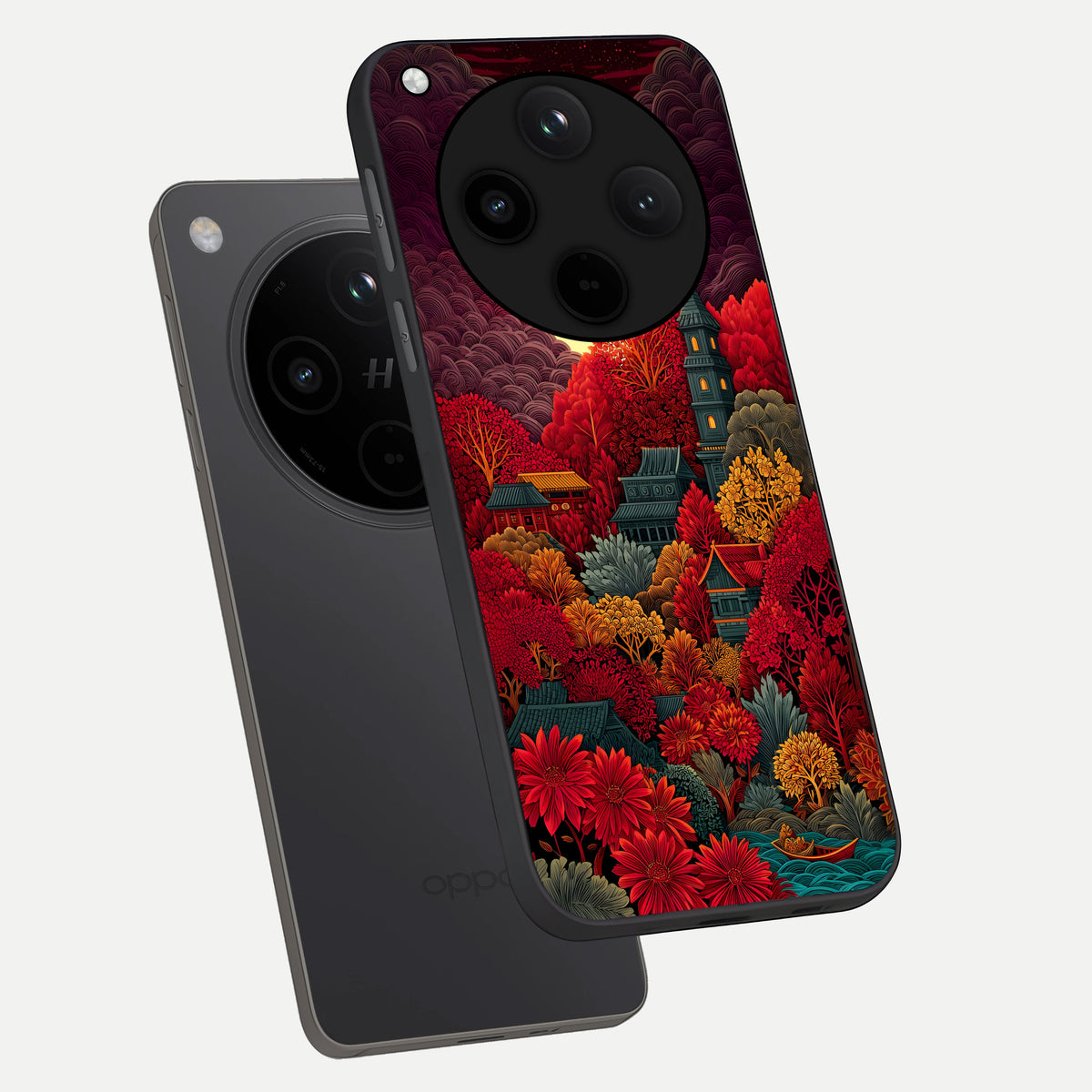  Scarlet Autumn Temple phone case For Oppo Find X8 showing premium glass back cover with detailed artwork