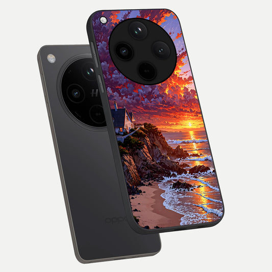  Sunset House By Sea phone case For Oppo Find X8 showing premium glass back cover with detailed artwork
