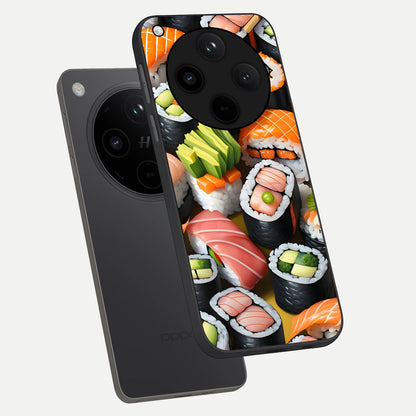  Sushi Food Pattern phone case For Oppo Find X8 showing premium glass back cover with detailed artwork