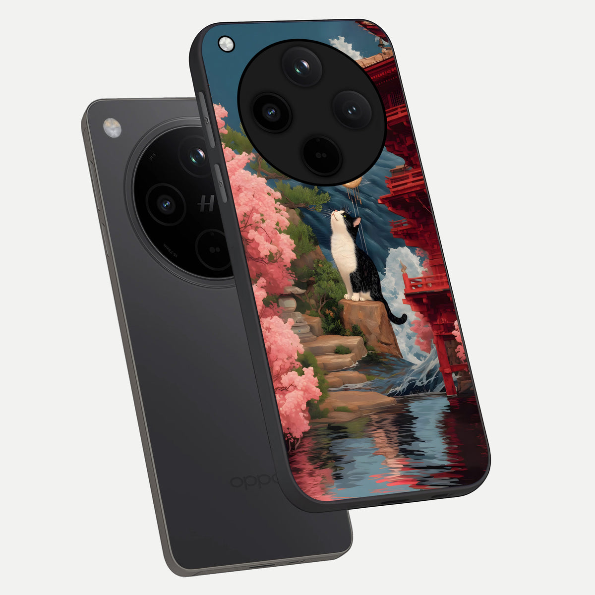  Temple Cat Scenery phone case For Oppo Find X8 showing premium glass back cover with detailed artwork