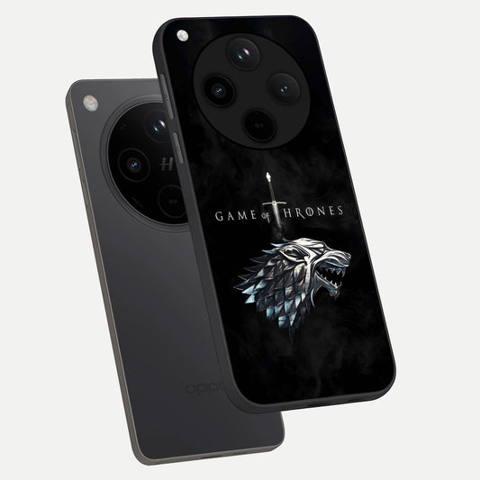  Throne Wolf Legacy phone case For Oppo Find X8 showing premium glass back cover with detailed artwork