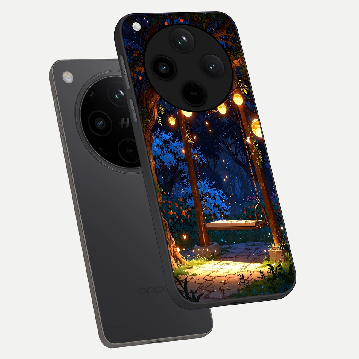  Twilight Garden Swing phone case For Oppo Find X8 showing premium glass back cover with detailed artwork
