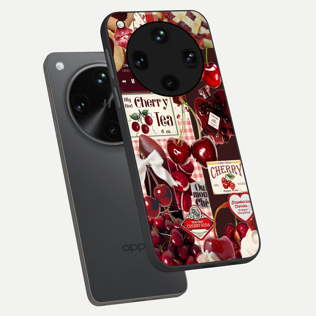  Aesthetic Cherry Tea phone case For Oppo Find X8 Ultra showing premium glass back cover with detailed artwork