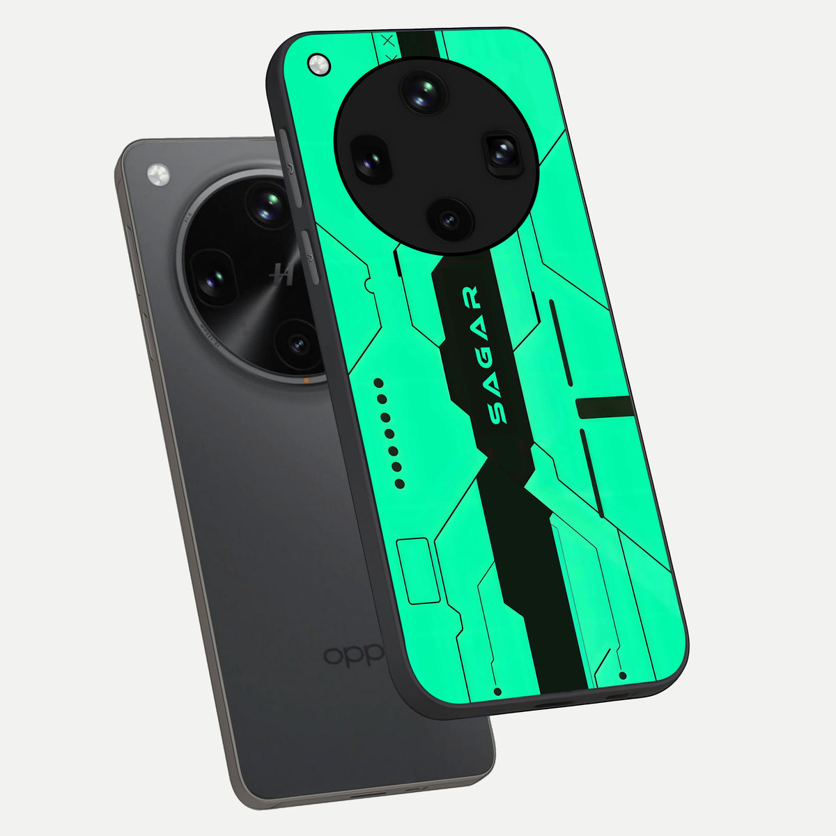  Aqua Tech CYBERPUNK Custom Name phone case For Oppo Find X8 Ultra showing premium glass back cover with detailed artwork