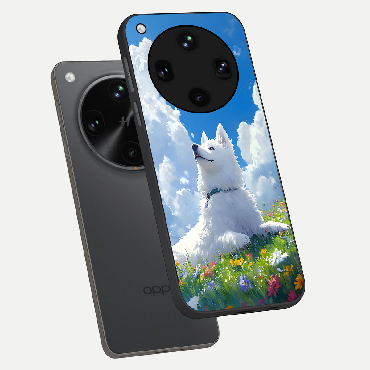  Blissful Cloud Pup phone case For Oppo Find X8 Ultra showing premium glass back cover with detailed artwork