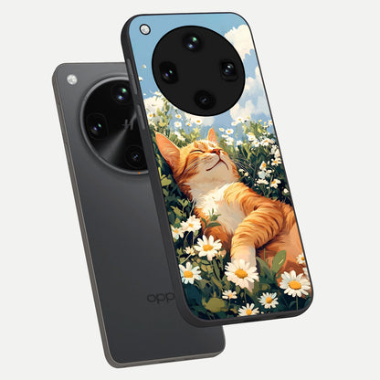  Cat And Flowers View phone case For Oppo Find X8 Ultra showing premium glass back cover with detailed artwork