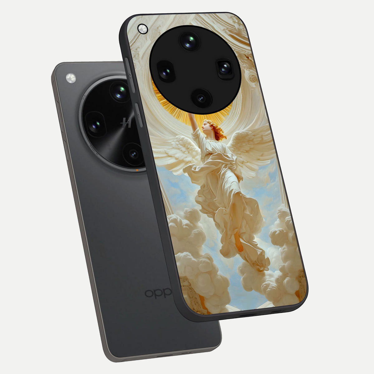  Divine Light Angel phone case For Oppo Find X8 Ultra showing premium glass back cover with detailed artwork