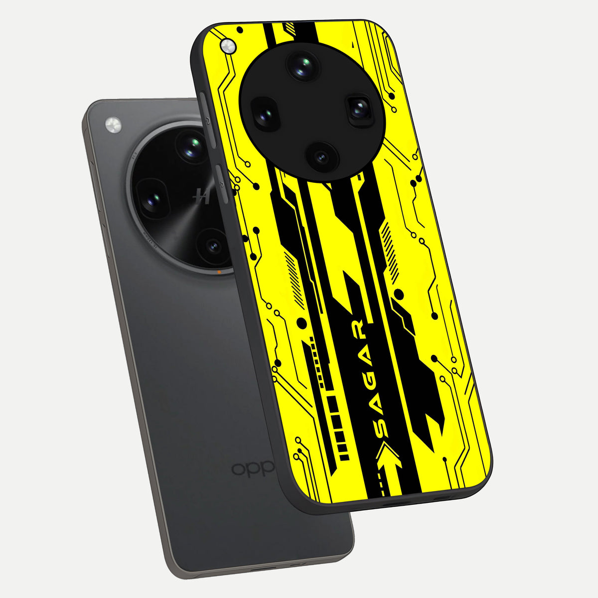  Electric Pulse CYBERPUNK Custom Name phone case For Oppo Find X8 Ultra showing premium glass back cover with detailed artwork