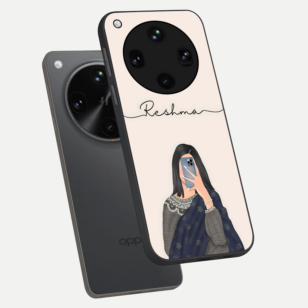  Mirror Mood Muse With Custom Name phone case For Oppo Find X8 Ultra showing premium glass back cover with detailed artwork
