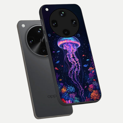  Neon Jellyfish phone case For Oppo Find X8 Ultra showing premium glass back cover with detailed artwork