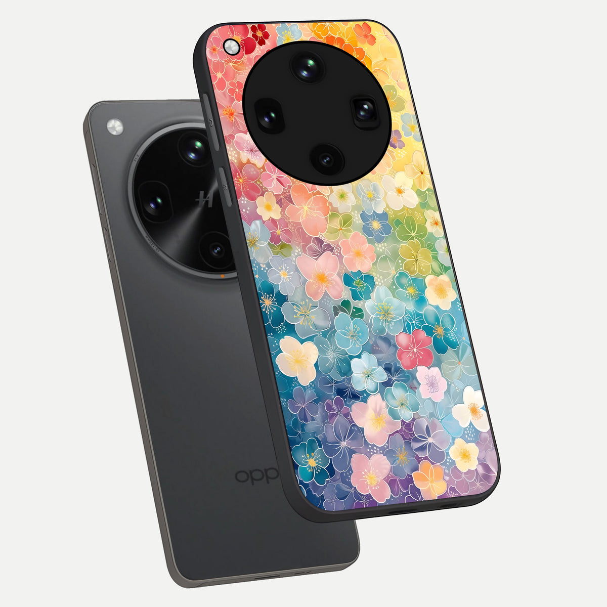  Rainbow Blossom Burst phone case For Oppo Find X8 Ultra showing premium glass back cover with detailed artwork