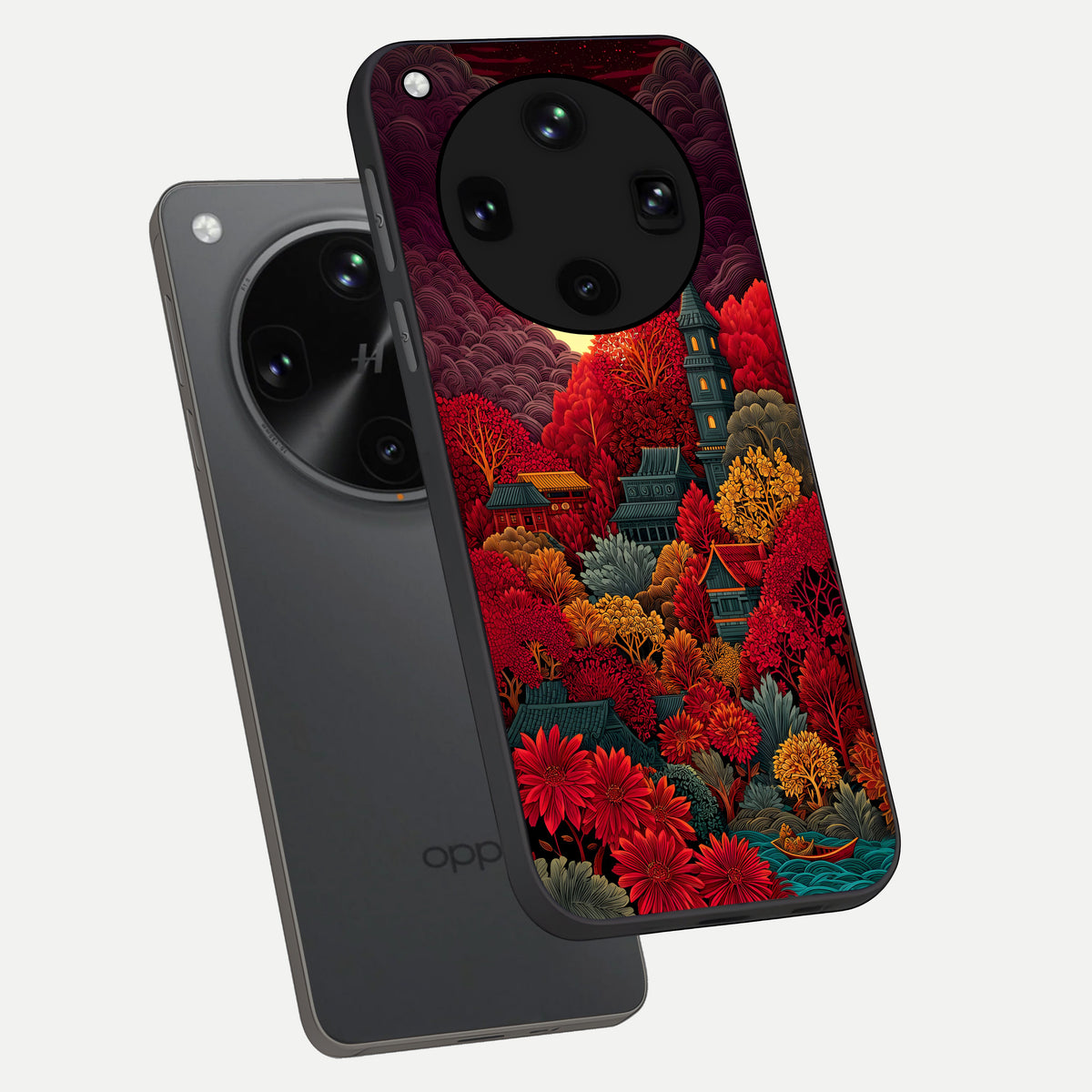  Scarlet Autumn Temple phone case For Oppo Find X8 Ultra showing premium glass back cover with detailed artwork