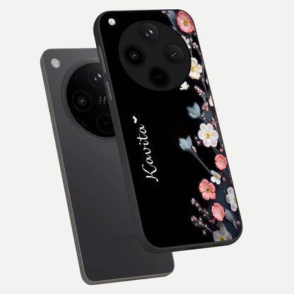  Black Elegance Floral Custom Name phone case For Oppo Find X8 Pro showing premium glass back cover with detailed artwork