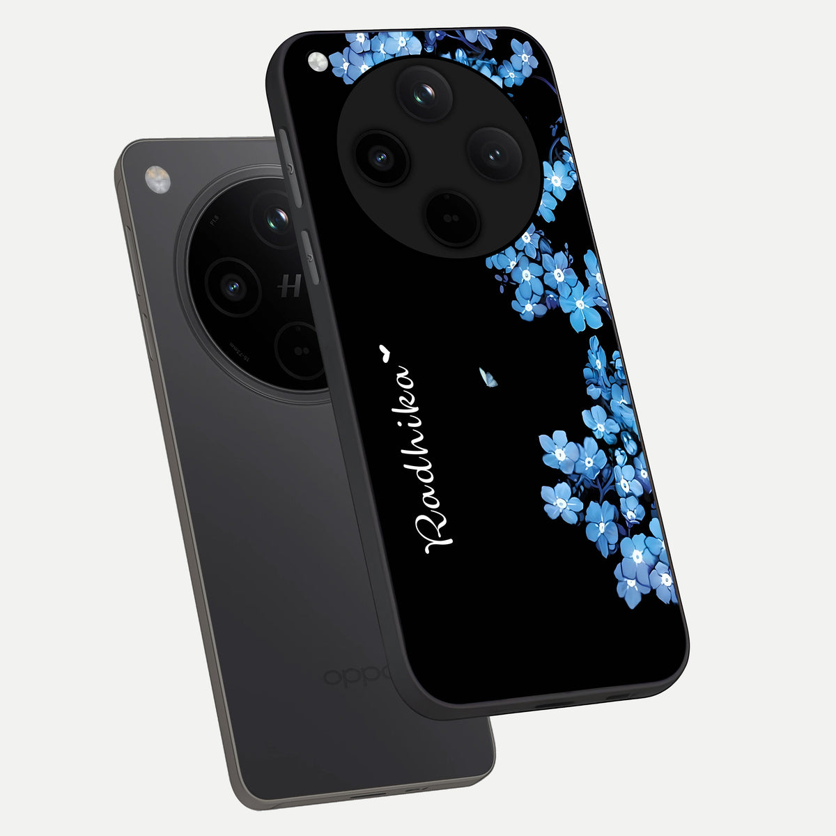  Blue Petal Dream Custom Name phone case For Oppo Find X8 Pro showing premium glass back cover with detailed artwork