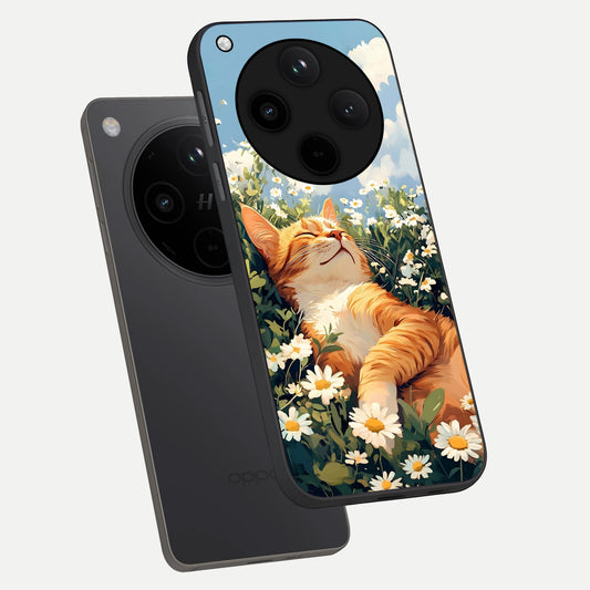  Cat And Flowers View phone case For Oppo Find X8 Pro showing premium glass back cover with detailed artwork