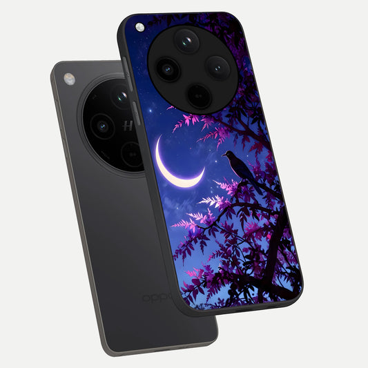 Crow And Moon Scenery phone case For Oppo Find X8 Pro showing premium glass back cover with detailed artwork