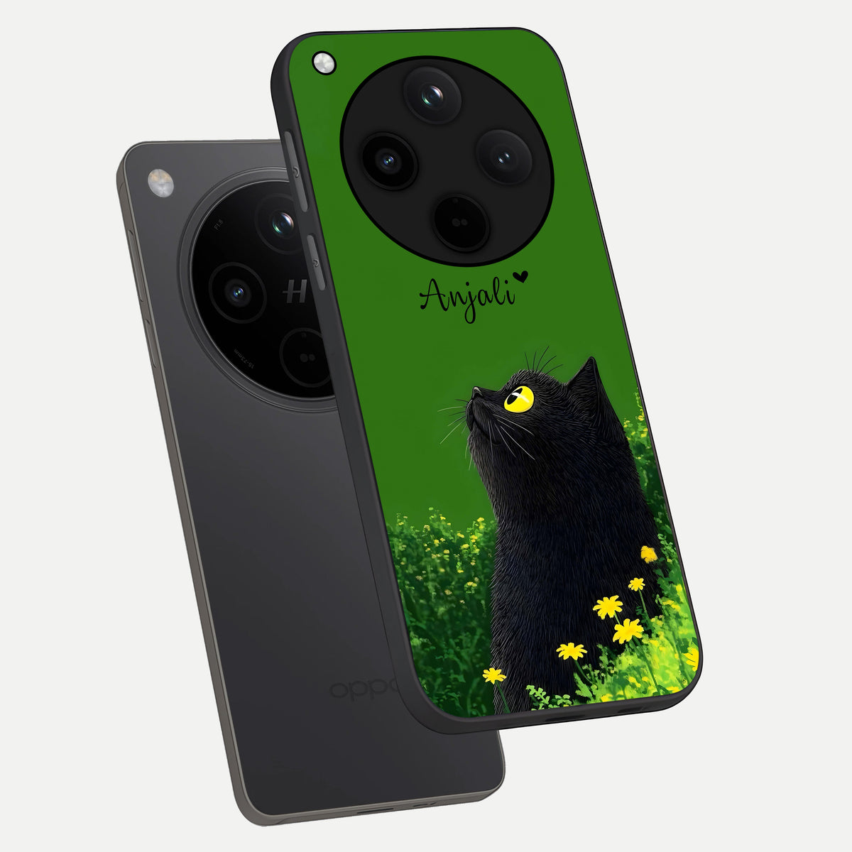  Emerald Cat Custom Name phone case For Oppo Find X8 Pro showing premium glass back cover with detailed artwork