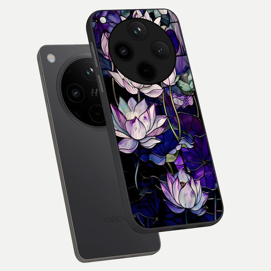  Purple Lotus Pattern phone case For Oppo Find X8 Pro showing premium glass back cover with detailed artwork