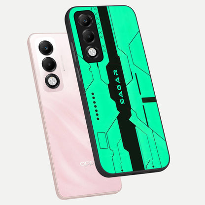  Aqua Tech CYBERPUNK Custom Name phone case For Oppo K13x 5G showing premium glass back cover with detailed artwork
