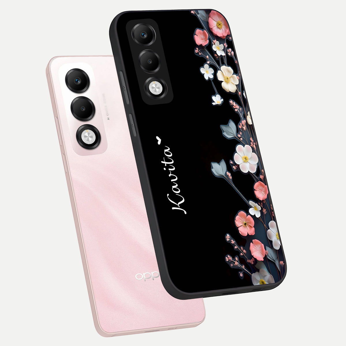  Black Elegance Floral Custom Name phone case For Oppo K13x 5G showing premium glass back cover with detailed artwork