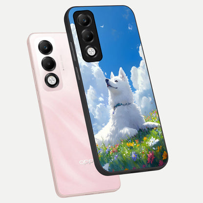  Blissful Cloud Pup phone case For Oppo K13x 5G showing premium glass back cover with detailed artwork