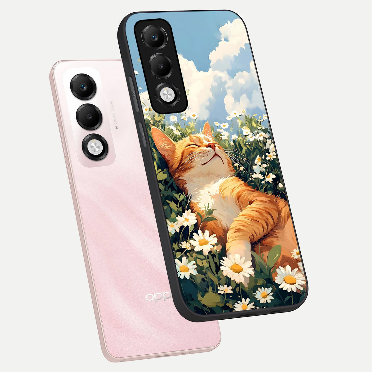  Cat And Flowers View phone case For Oppo K13x 5G showing premium glass back cover with detailed artwork