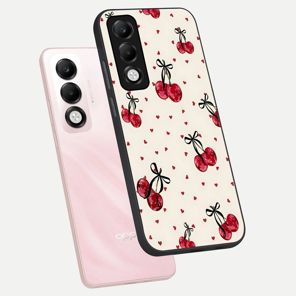  Cherry Heart Bow phone case For Oppo K13x 5G showing premium glass back cover with detailed artwork
