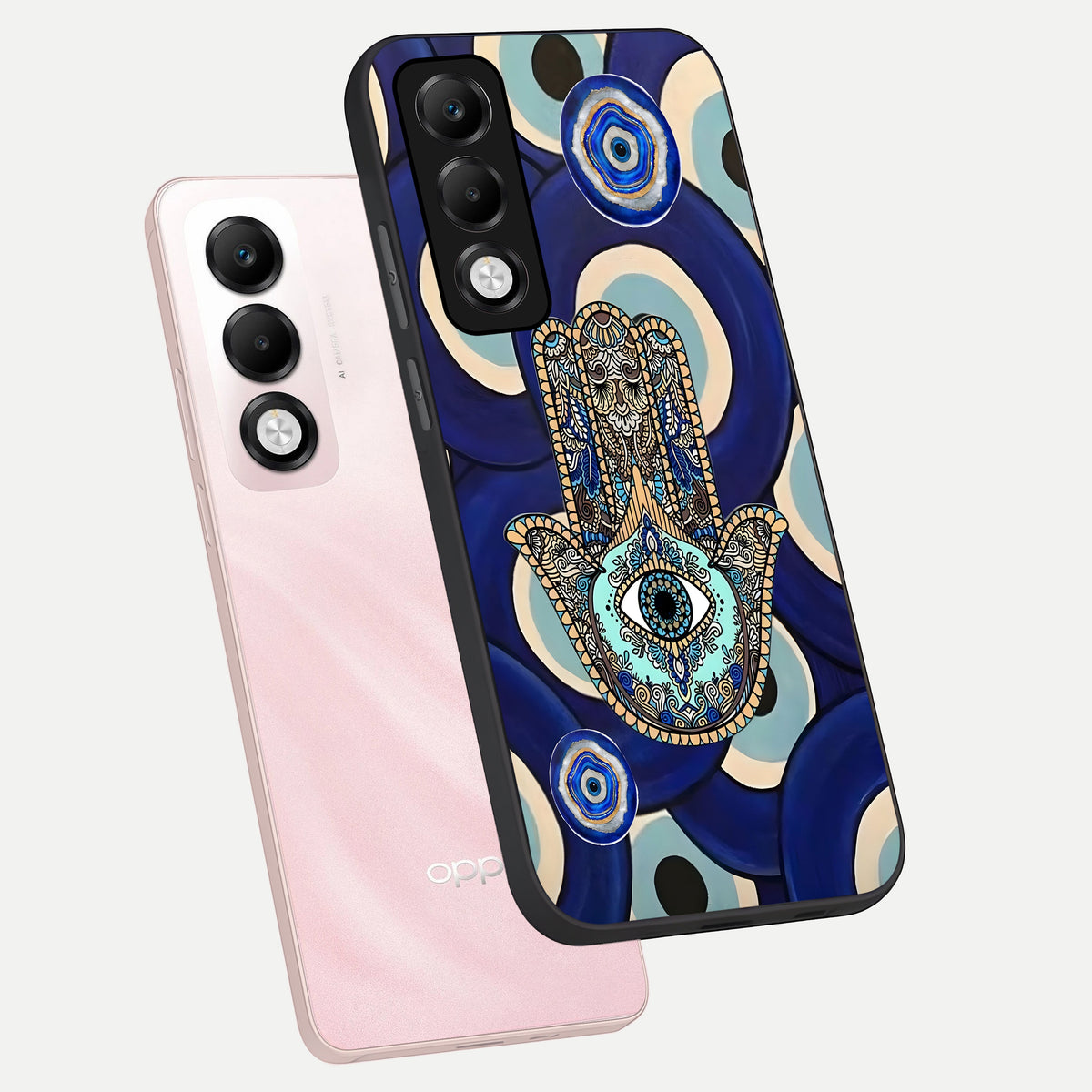  Hamsa Divine Guard phone case For Oppo K13x 5G showing premium glass back cover with detailed artwork