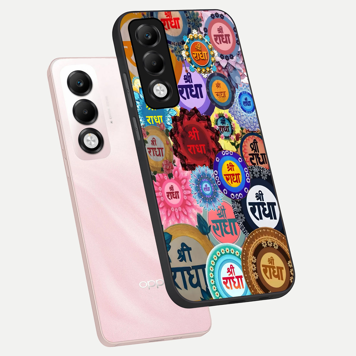  Radha Divine Bloom phone case For Oppo K13x 5G showing premium glass back cover with detailed artwork