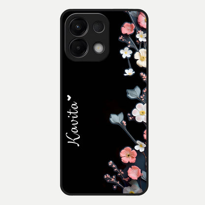  Black Elegance Floral Custom Name Glass Case For Oppo K13 5G back cover – full design glossy printed glass finish