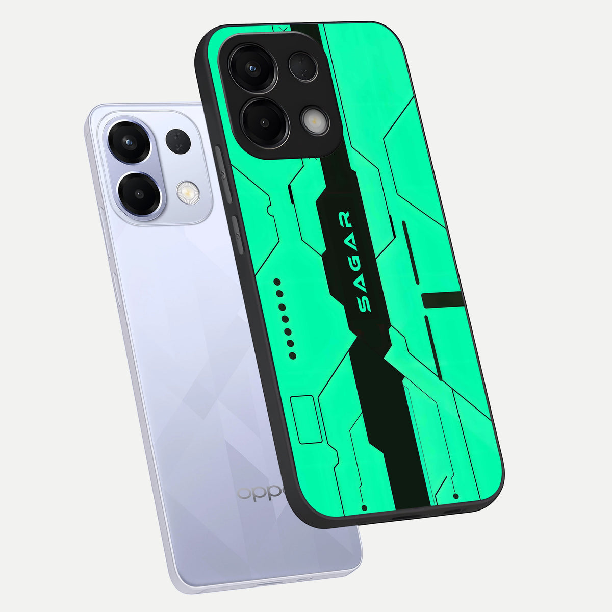  Aqua Tech CYBERPUNK Custom Name phone case For Oppo K13 5G showing premium glass back cover with detailed artwork