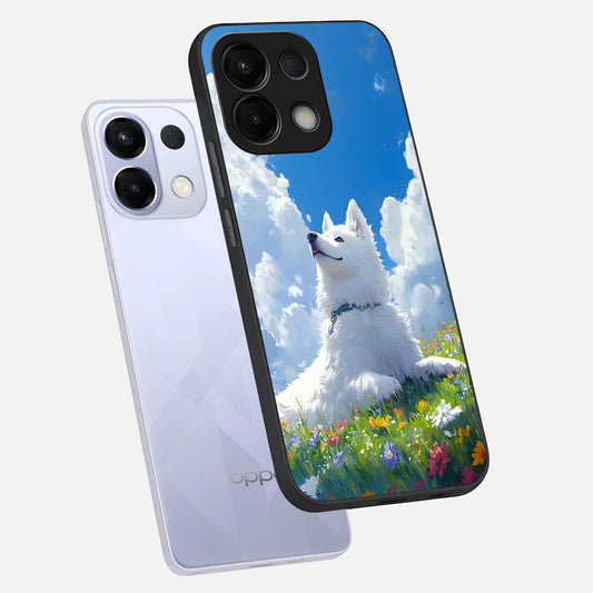  Blissful Cloud Pup phone case For Oppo K13 5G showing premium glass back cover with detailed artwork