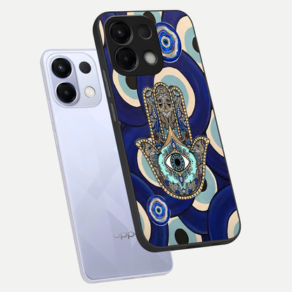  Hamsa Divine Guard phone case For Oppo K13 5G showing premium glass back cover with detailed artwork