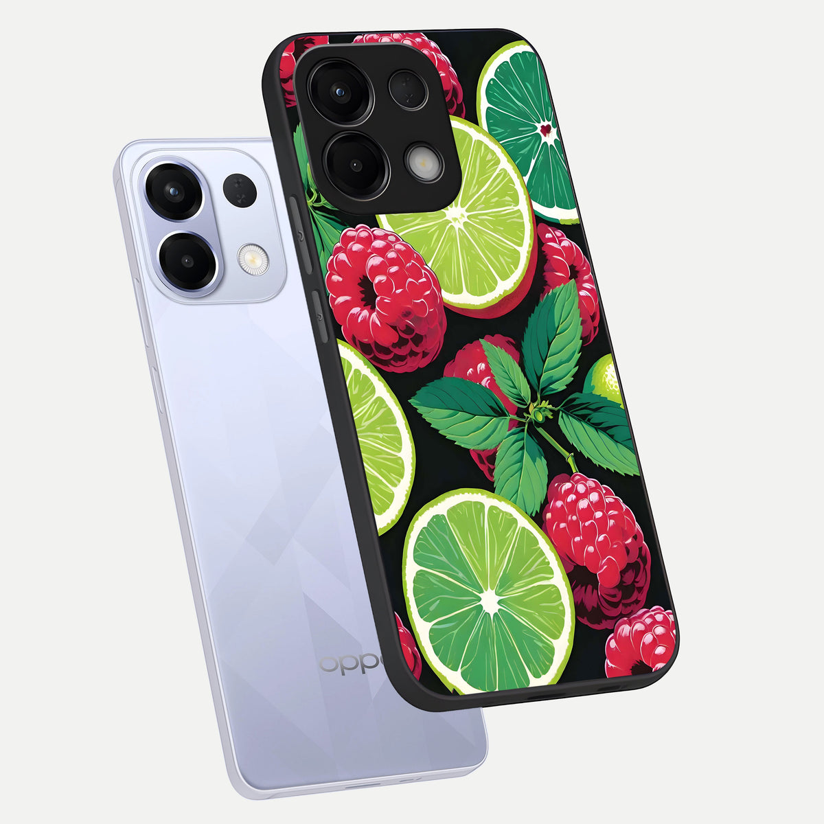  Lime and Raspberry Pattern phone case For Oppo K13 5G showing premium glass back cover with detailed artwork