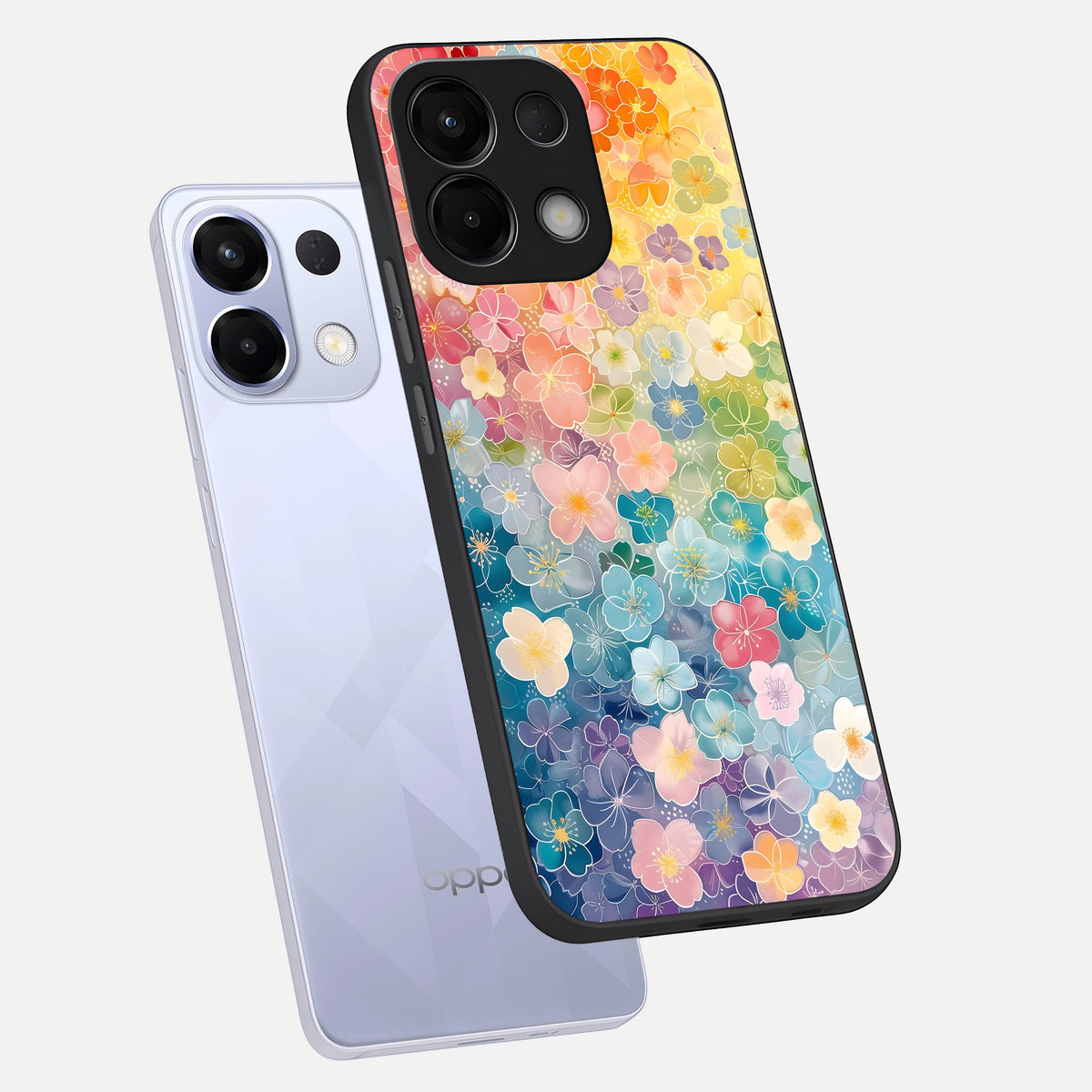  Rainbow Blossom Burst phone case For Oppo K13 5G showing premium glass back cover with detailed artwork