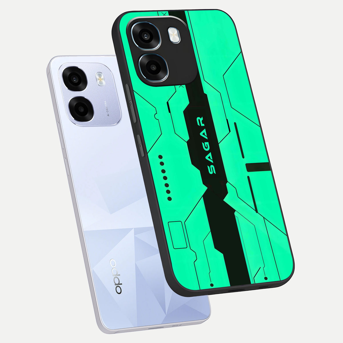  Aqua Tech CYBERPUNK Custom Name phone case For Oppo K14 5G showing premium glass back cover with detailed artwork