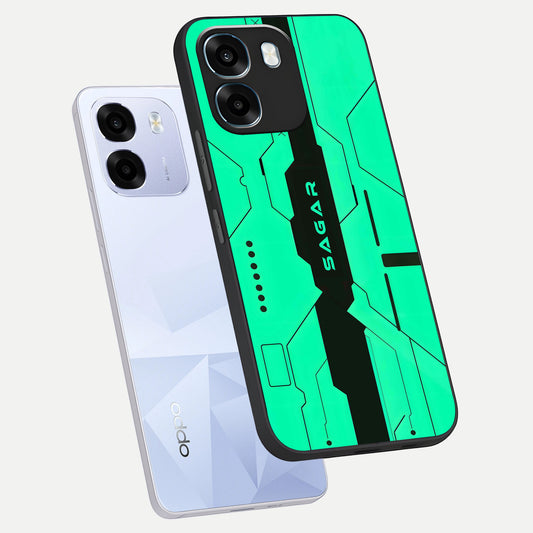  Aqua Tech CYBERPUNK Custom Name phone case For Oppo K14 5G showing premium glass back cover with detailed artwork