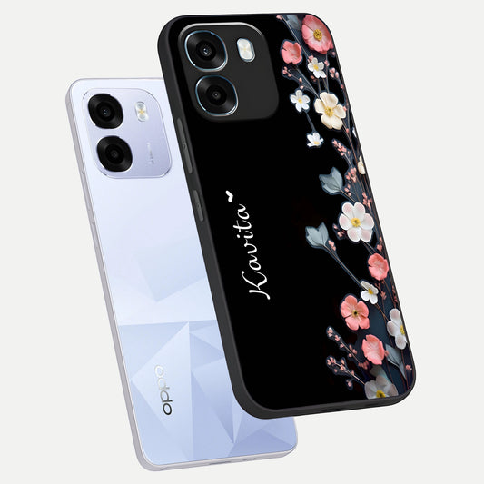  Black Elegance Floral Custom Name phone case For Oppo K14 5G showing premium glass back cover with detailed artwork