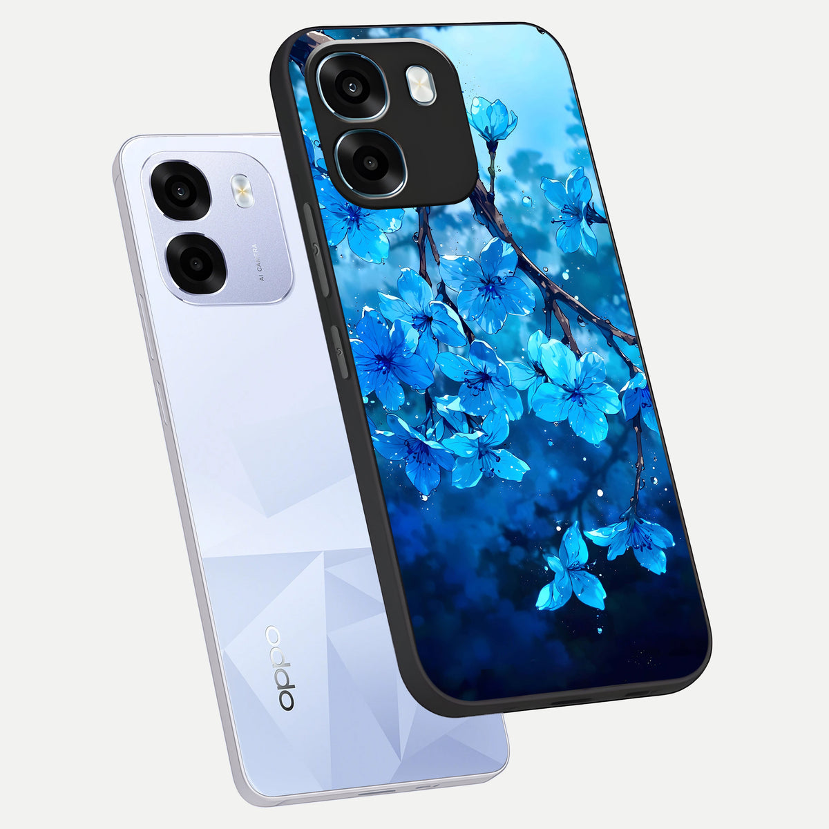  Blue Blossoms Branch phone case For Oppo K14 5G showing premium glass back cover with detailed artwork