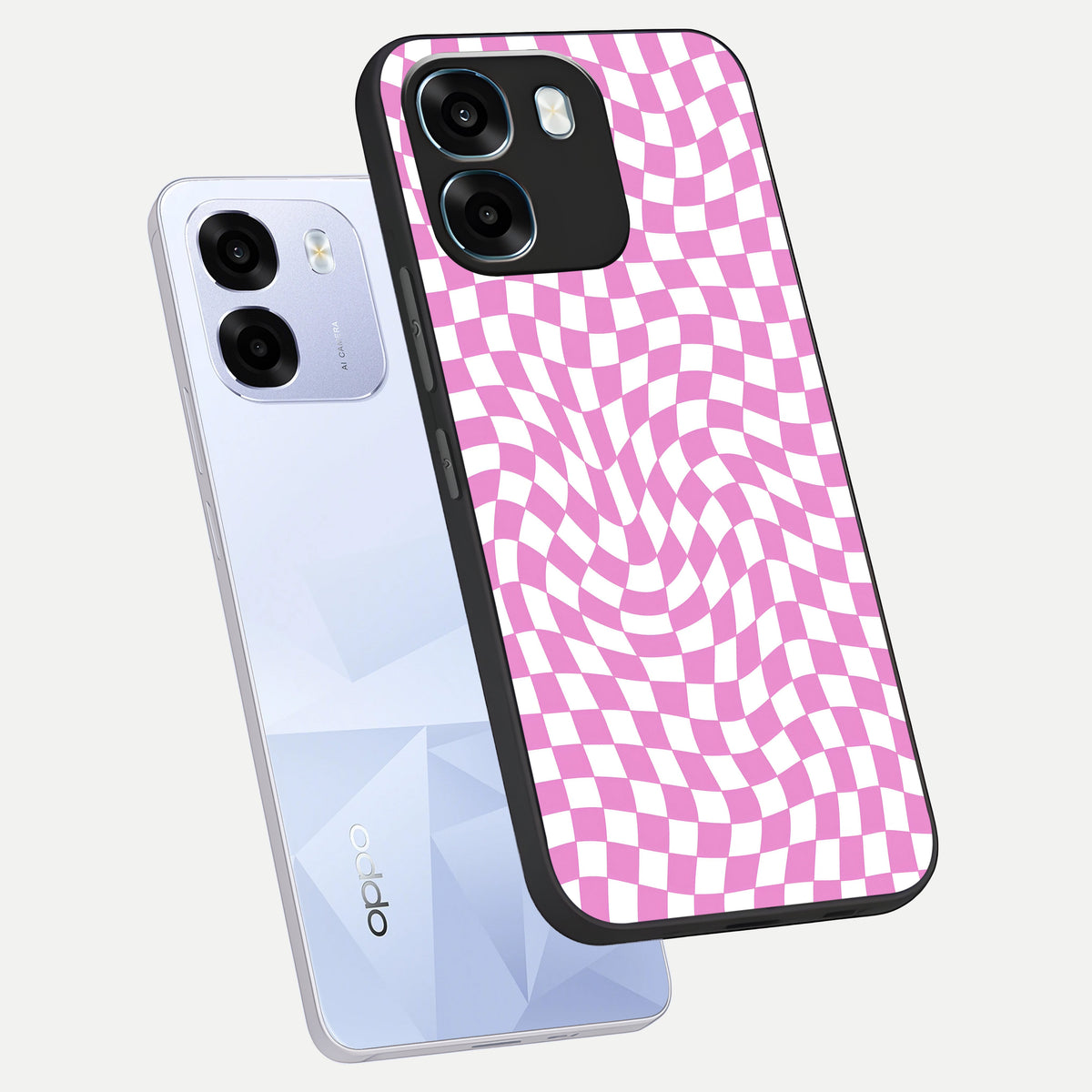  Bubblegum Check Wave phone case For Oppo K14 5G showing premium glass back cover with detailed artwork