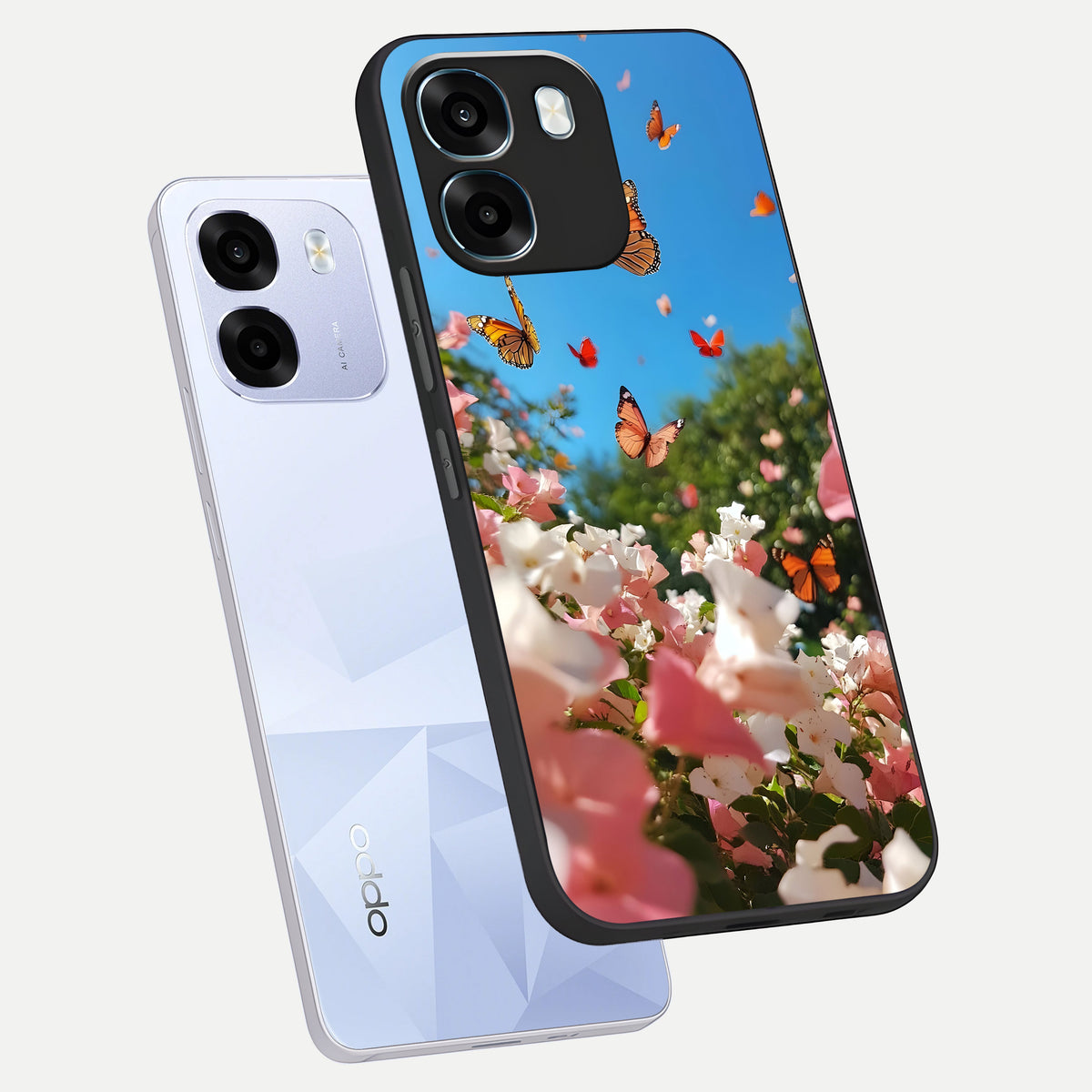  Butterflies In Bloom Sky phone case For Oppo K14 5G showing premium glass back cover with detailed artwork