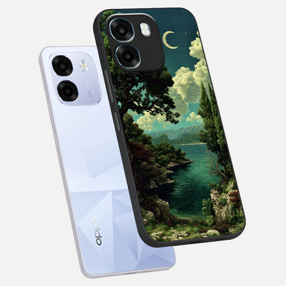  Celestial Lake Peace phone case For Oppo K14 5G showing premium glass back cover with detailed artwork