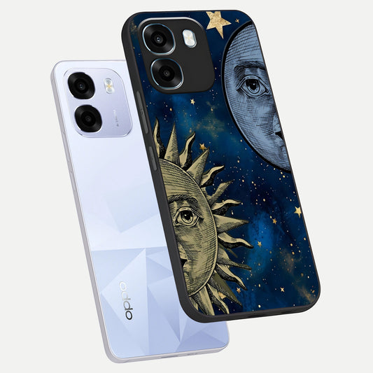  Celestial Moon With Sun phone case For Oppo K14 5G showing premium glass back cover with detailed artwork