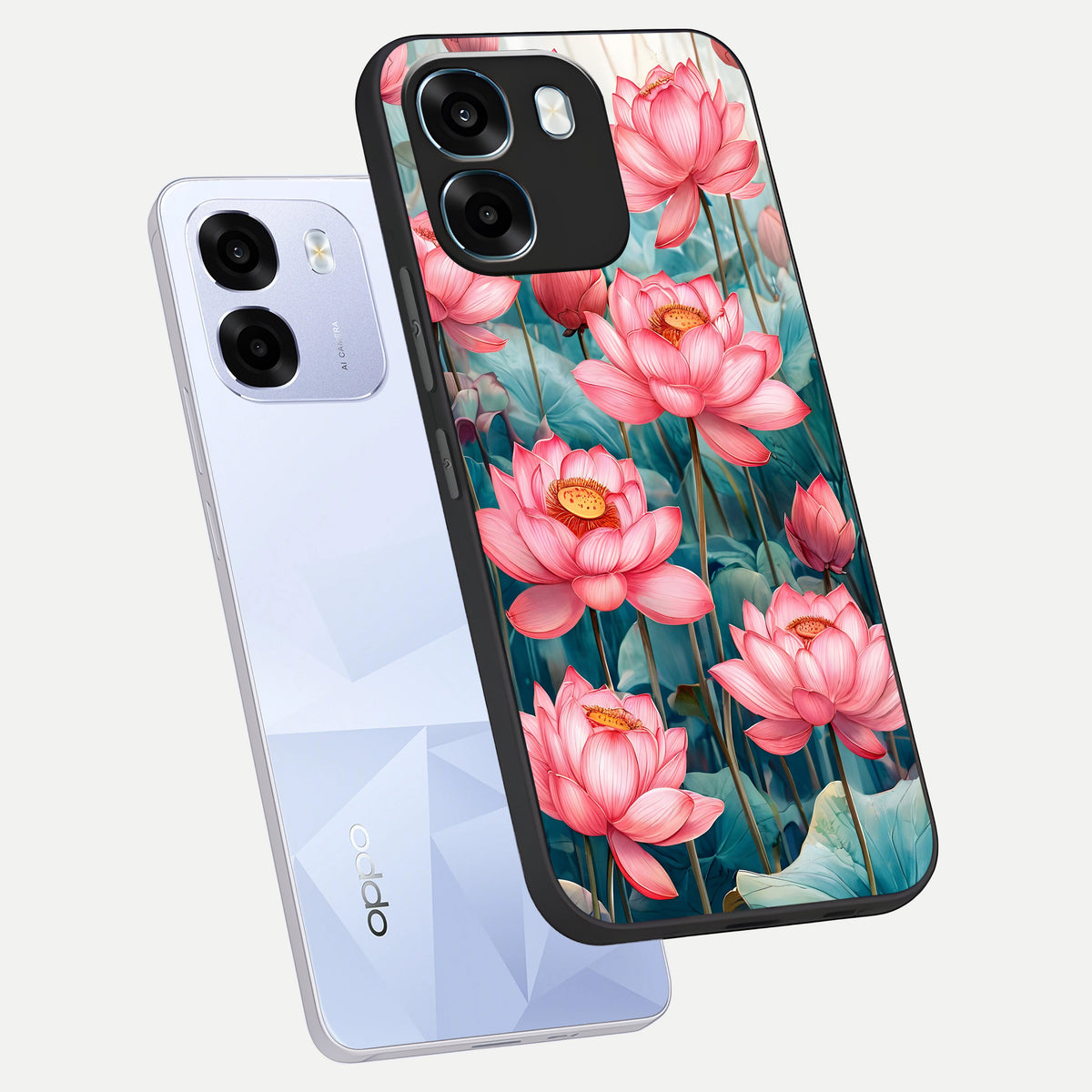  Celestial Pink Lotus phone case For Oppo K14 5G showing premium glass back cover with detailed artwork