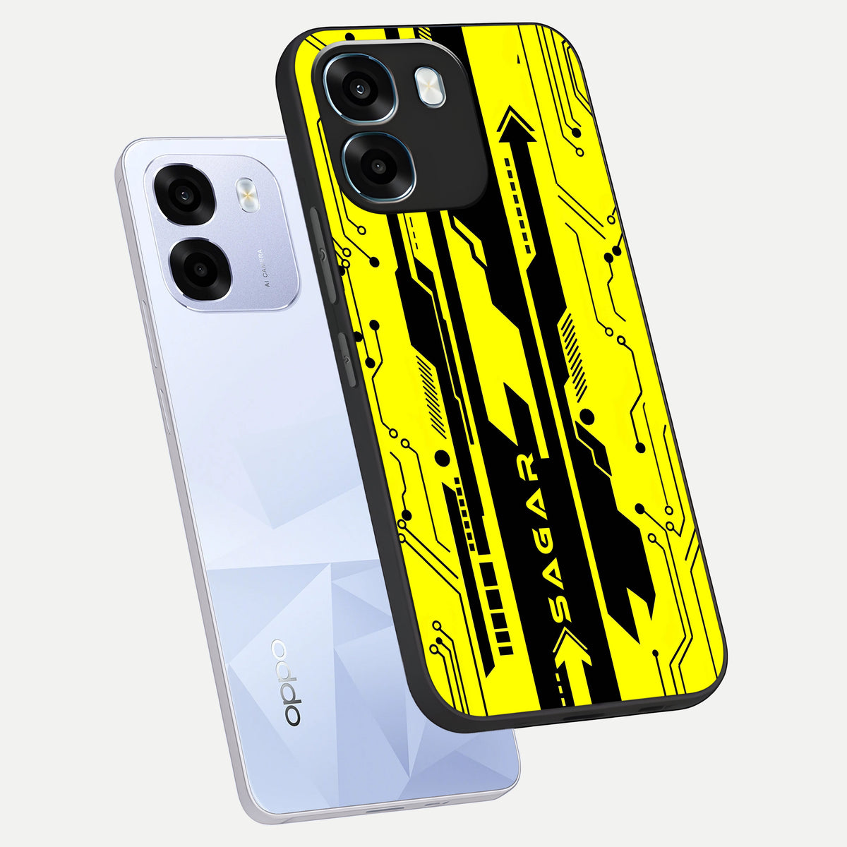  Electric Pulse CYBERPUNK Custom Name phone case For Oppo K14 5G showing premium glass back cover with detailed artwork