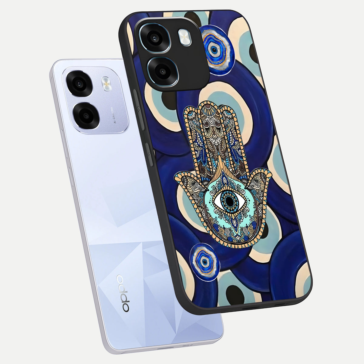  Hamsa Divine Guard phone case For Oppo K14 5G showing premium glass back cover with detailed artwork