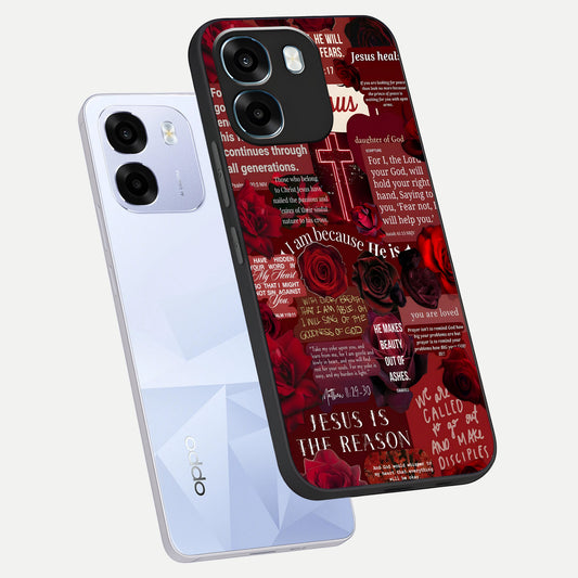  Jesus Love Heals phone case For Oppo K14 5G showing premium glass back cover with detailed artwork