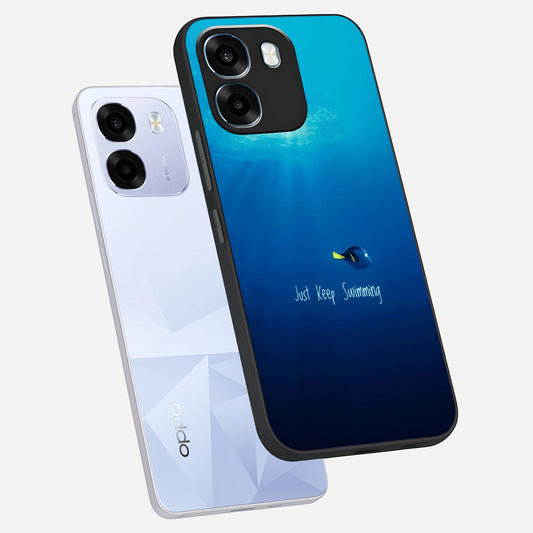  Just Keep Swimming phone case For Oppo K14 5G showing premium glass back cover with detailed artwork