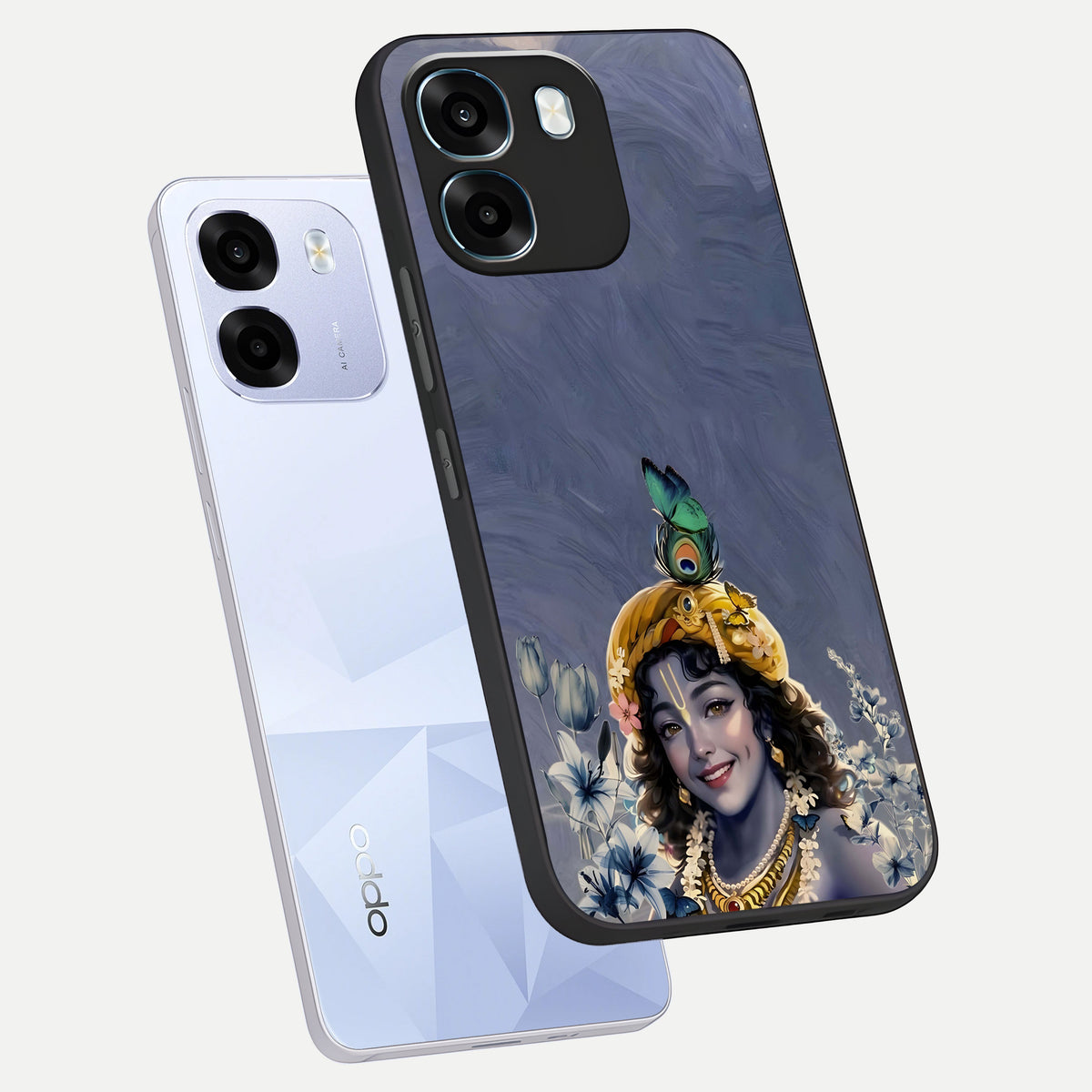  Lord Krishna phone case For Oppo K14 5G showing premium glass back cover with detailed artwork