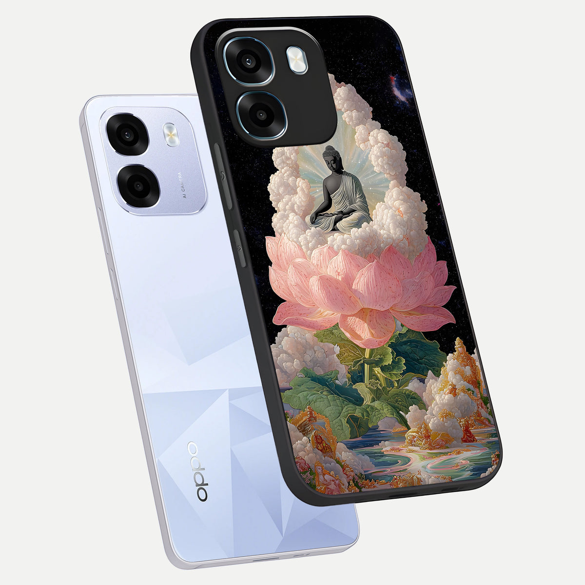  Lotus Divine Peace phone case For Oppo K14 5G showing premium glass back cover with detailed artwork